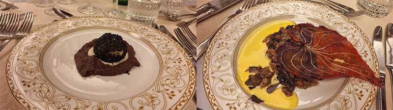 Da sinistra: Sfera al radicchio dry e Gnocchetti “Profondo Rosso” (vincitori della gara)